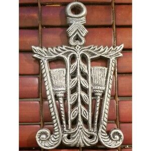 Vintage Pennsylvania Dutch Cast Iron Trivet Brooms & Wheat Sheaves Good Luck